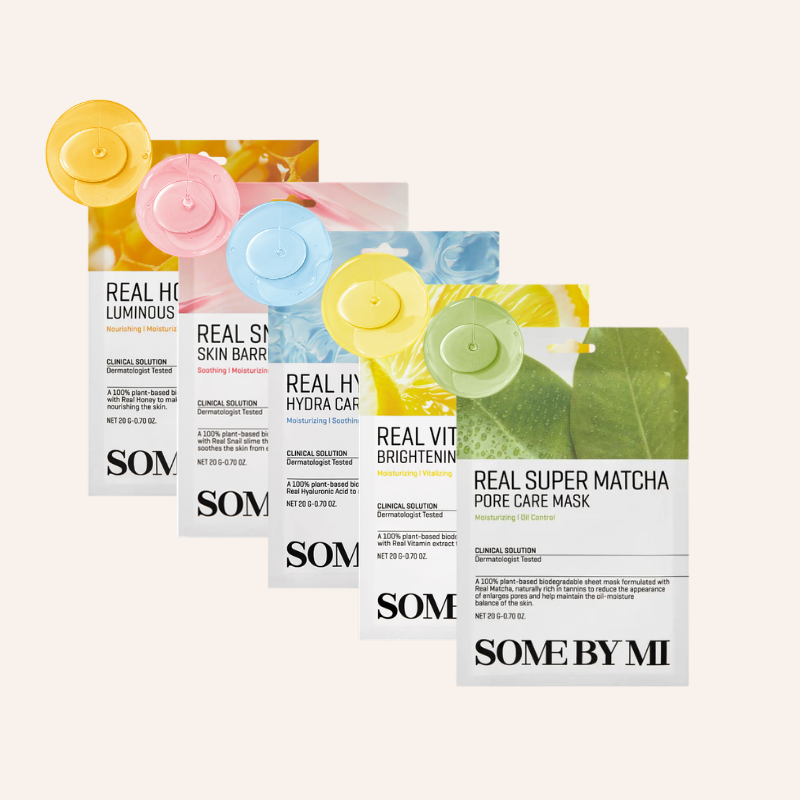 Masques visage Some By Mi Real Care Mask acide hyaluronique vitamine C glutathione AHA BHA PHA snail super matcha real honey skincare coréenne Joia